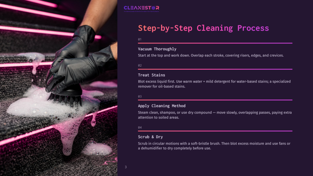 Close-Up Of Gloved Hands Scrubbing A Carpeted Stair With Pink And Purple Lighting. Text Overlay: &Quot;Step-By-Step Cleaning Process&Quot;, &Quot;Vacuum Thoroughly&Quot;, &Quot;Treat Stains&Quot;, &Quot;Apply Cleaning Method&Quot;, &Quot;Scrub &Amp; Dry&Quot;.