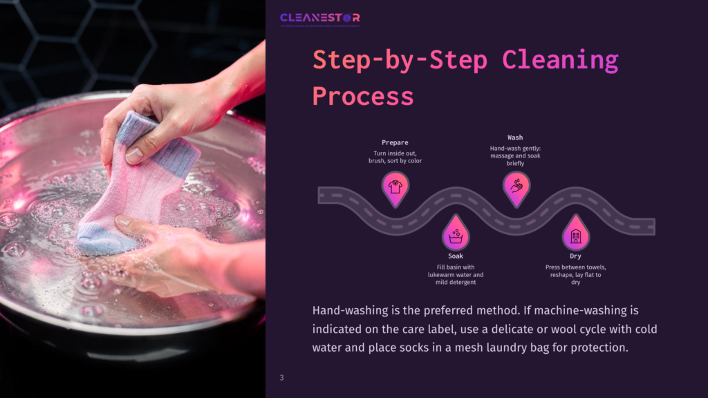 3 Step By Step Cleaning Process 45 Step-By-Step Cleaning Process Infographic: Hand-Washing Socks With A Pink And Blue Sock In Soapy Water, Followed By Soak, Dry, And Wash Icons. Text Explains Hand-Washing Is Preferred For Delicate Socks.