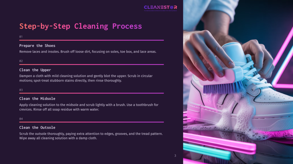 3 Step By Step Cleaning Process 51 Step-By-Step Shoe Cleaning Process With Text Overlay: Prepare The Shoes, Clean The Upper, Clean The Midsole, Clean The Outsole. A White Sneaker Is Being Scrubbed With A Brush And Foam.