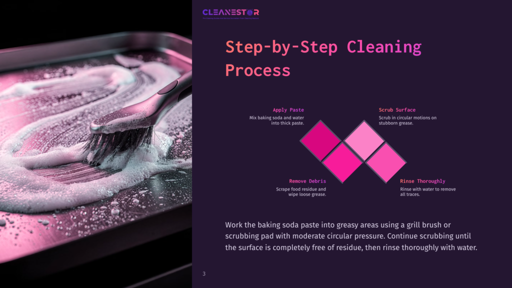 3 Step By Step Cleaning Process 54 Step-By-Step Cleaning Process For Baking Sheets, Showing A Brush With Baking Soda Paste On A Greasy Surface.