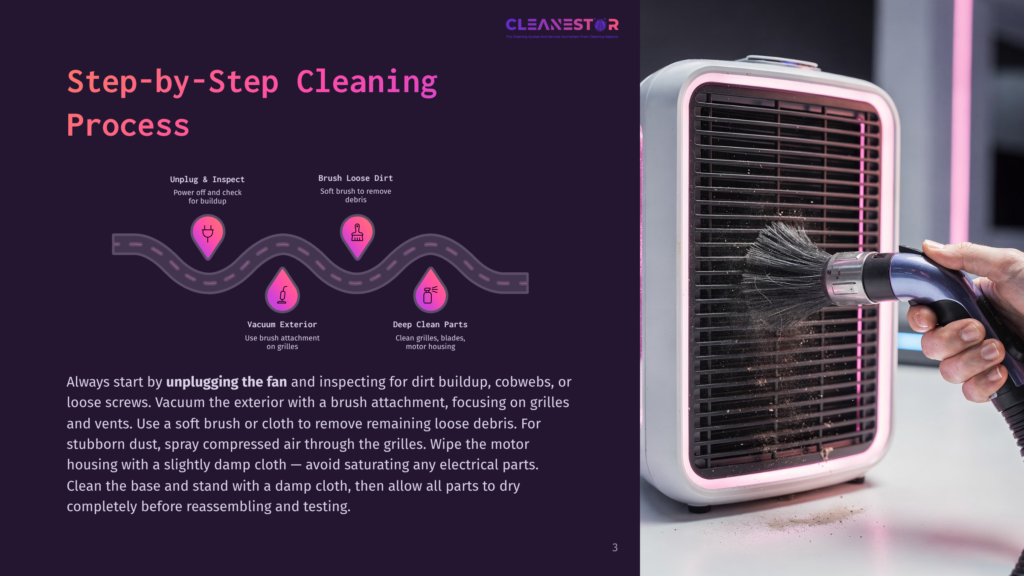 Step-By-Step Cleaning Process For A Cleanestar Fan: Unplug, Inspect, Brush Loose Dirt, Clean Exterior, And Deep Clean Parts. A Hand Uses A Brush Attachment To Clean Dust From A White Fan.