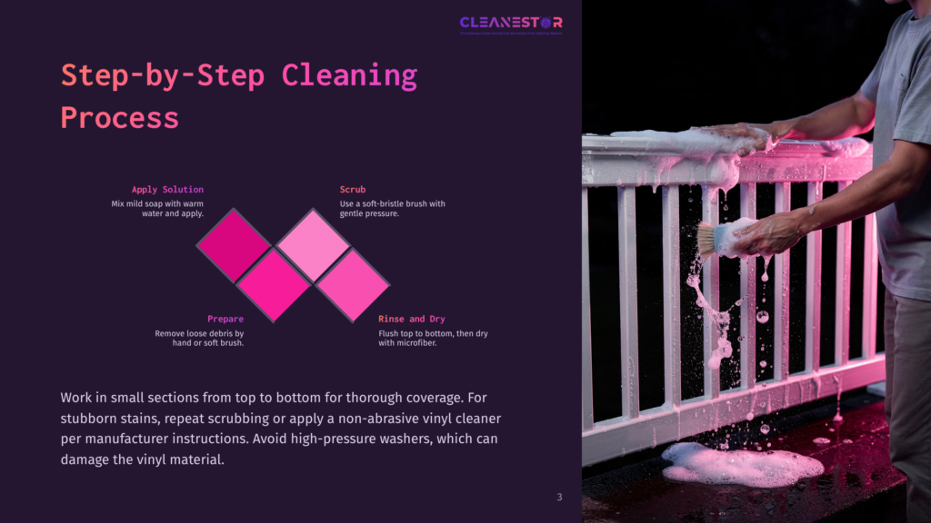 3 Step By Step Cleaning Process 57 Step-By-Step Cleaning Process For Vinyl Material: Apply Solution, Scrub With Soft Brush, Rinse, And Dry. Avoid High-Pressure Washers.