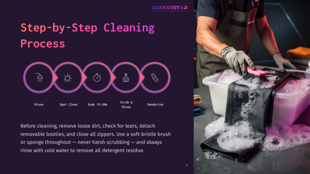 Step-By-Step Cleaning Process Diagram With Icons For Rinse, Spot Clean, Soak, Scrub, And Deodorize, Next To Text Detailing How To Clean Gear.