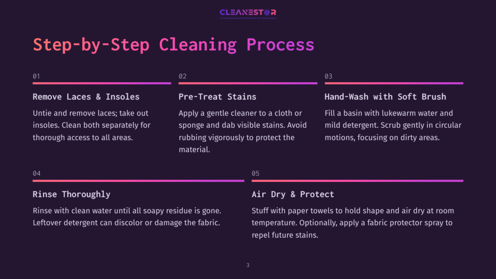 Step-By-Step Cleaning Process For Shoes: 1. Remove Laces &Amp; Insoles. 2. Pre-Treat Stains. 3. Hand-Wash With Soft Brush. 4. Rinse Thoroughly. 5. Air Dry &Amp; Protect.