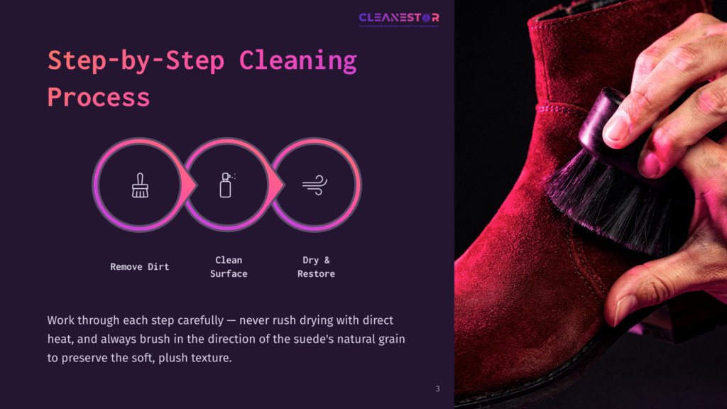 Close-Up Of A Hand Using A Suede Brush To Clean A Dark Red Suede Boot. The Image Highlights A Step-By-Step Cleaning Process With Icons For Removing Dirt, Cleaning The Surface, And Drying/Restoring, Along With The Text &Quot;Step-By-Step Cleaning Process&Quot; And &Quot;Cleanestar&Quot;.