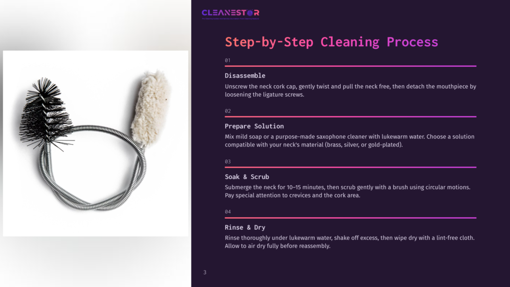 3 Step By Step Cleaning Process 65 Saxophone Cleaning Brush And Swab Tool, With Text &Quot;Cleanestor&Quot; And &Quot;Step-By-Step Cleaning Process&Quot; Detailing Disassembly, Preparation, Soaking, And Rinsing.
