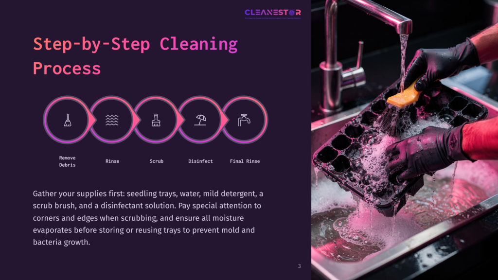 Step-By-Step Cleaning Process For Seedling Trays: Remove Debris, Rinse, Scrub, Disinfect, And Final Rinse. Hands In Black Gloves Scrub A Seedling Tray With A Yellow Sponge Under Running Water And Soap Suds.