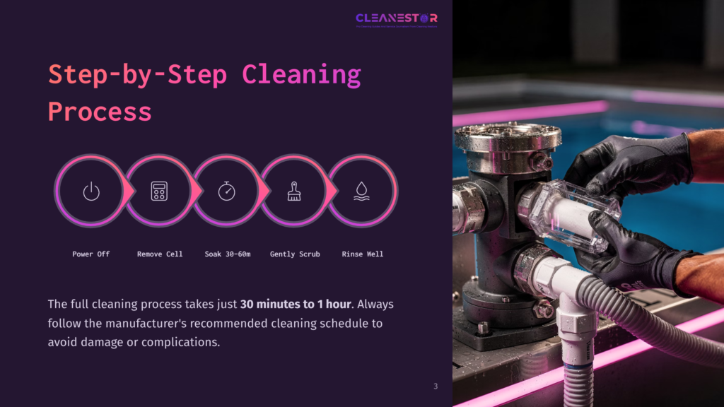 Step-By-Step Cleaning Process Infographic With Icons For Power, Cell Removal, Soak, Scrub, And Rinse, Followed By Text About The Cleaning Duration.