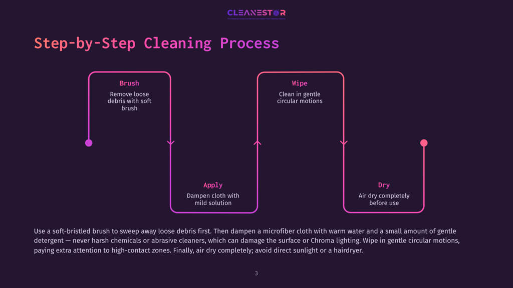 Step-By-Step Cleaning Process Flowchart From Cleanestor, Showing Brush, Apply, Wipe, And Dry Steps With Purple And Pink Accents Against A Dark Background.
