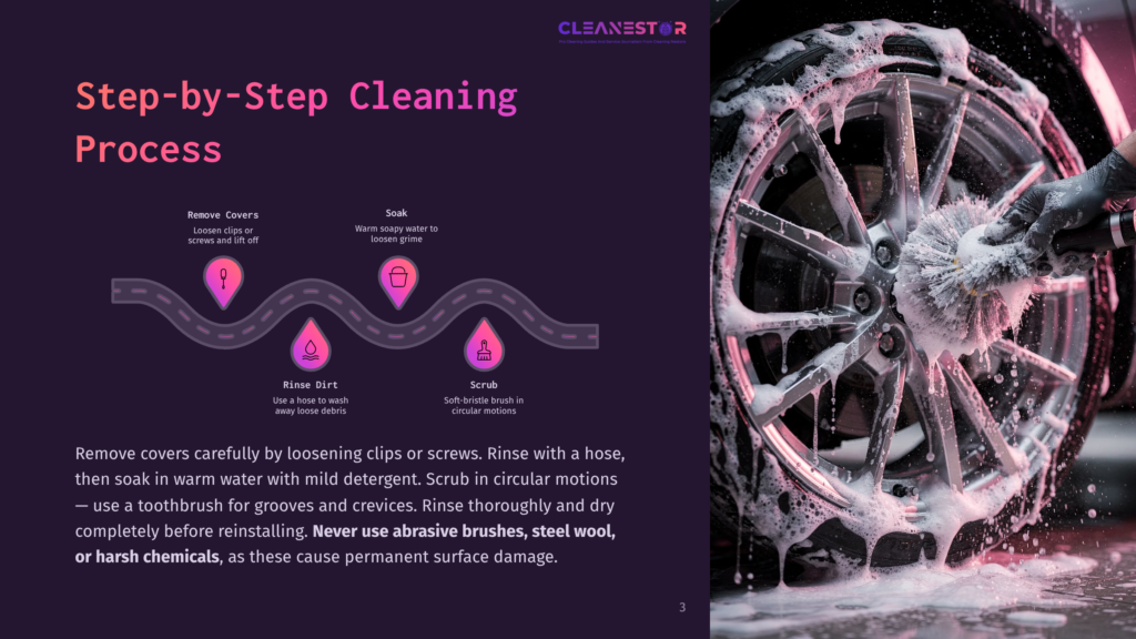 A Gloved Hand Scrubs A Shiny, Wet Car Wheel With A Stiff Brush, Creating Suds. Text Overlay Reads &Quot;Cleanestor&Quot; And &Quot;Step-By-Step Cleaning Process&Quot; With Icons Illustrating Steps.
