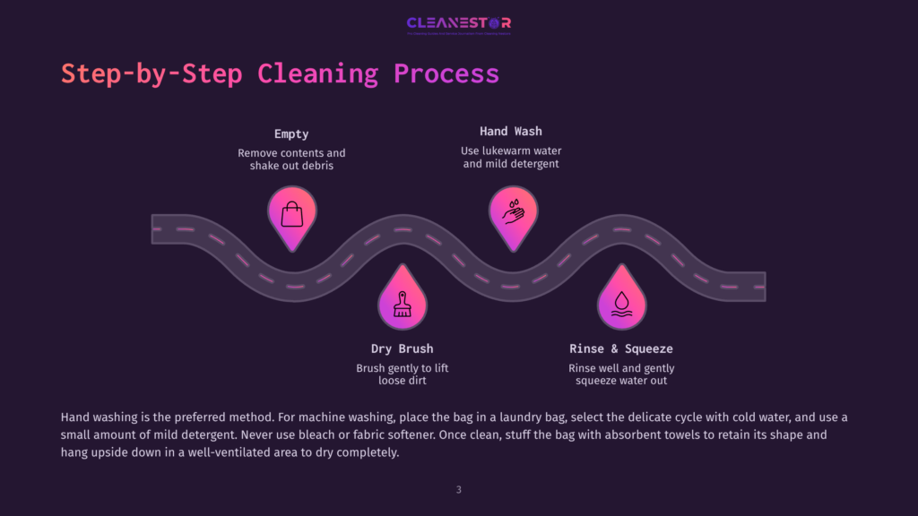 Step-By-Step Cleaning Process Infographic: Empty, Dry Brush, Hand Wash, Rinse &Amp; Squeeze. Shows A Winding Road With Icons Representing Cleaning Stages.