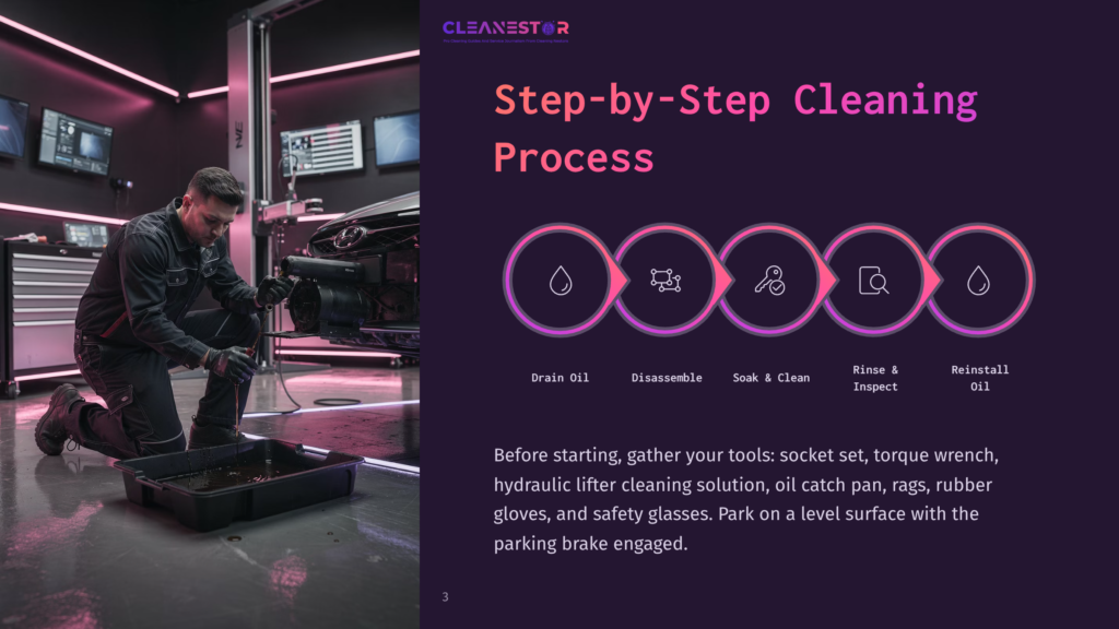 A Man In A Black Jacket Kneels Over A Car In A Garage, Draining Oil Into A Black Tray. Behind Him, A Purple Background Displays Text About A Step-By-Step Cleaning Process.