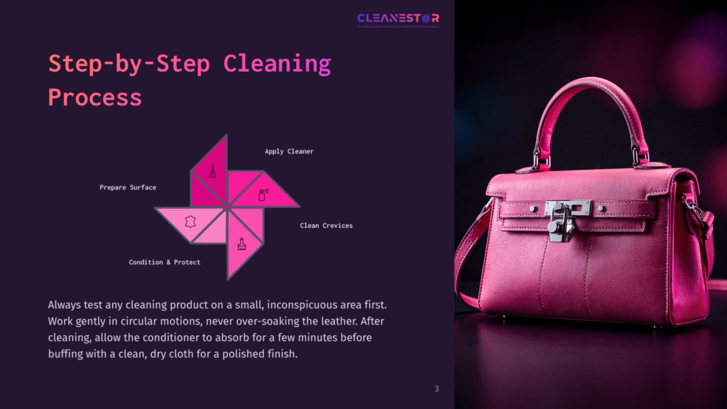 3 Step By Step Cleaning Process 78 A Pink Leather Handbag Displayed With A Step-By-Step Cleaning Process Diagram, Emphasizing The Importance Of Using Gentle Circular Motions And Allowing The Conditioner To Absorb Before Buffing For A Polished Finish.