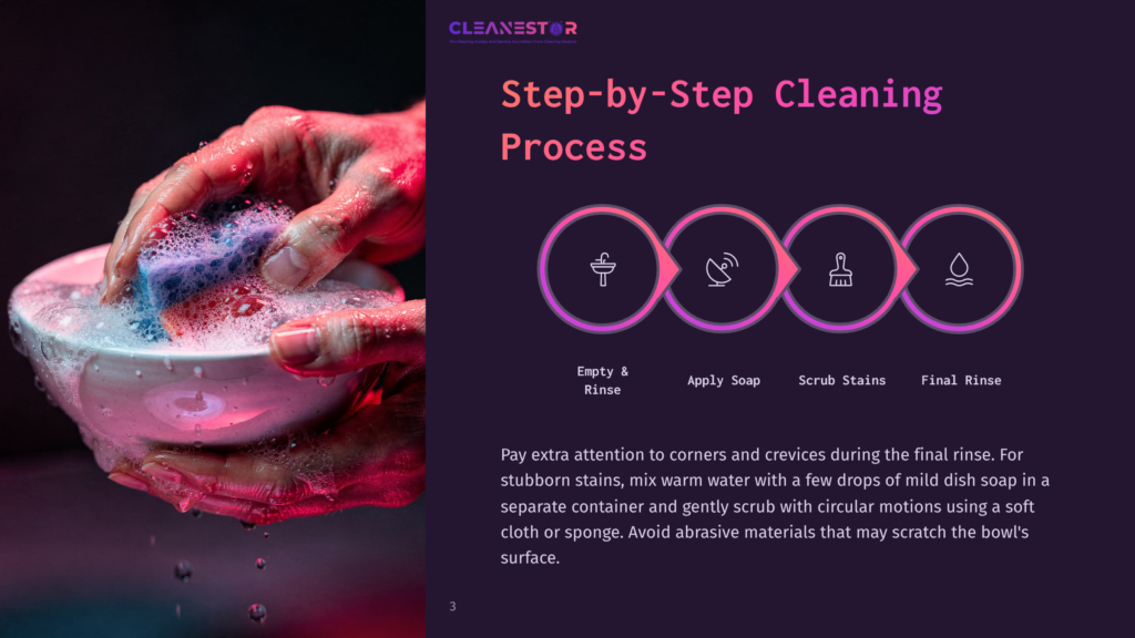 3 Step By Step Cleaning Process 79 A Hand With Red Nail Polish Is Shown Washing A Bowl With A Sponge Under Running Water. The Bowl Is Filled With Pink Liquid, And There Are Three Circular Icons Above It Representing The Cleaning Process Steps: Empty And Rinse, Apply Soap, Scrub Stains, And Final Rinse.