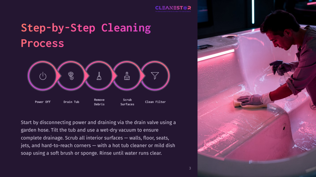 A Man Cleans A Modern Jetted Tub With A Sponge, Following Step-By-Step Instructions For A Deep Clean. The Tub Is Illuminated By Pink Led Lights.