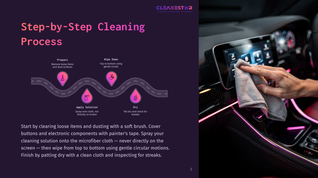 Diagram Showing A Step-By-Step Car Interior Cleaning Process: Remove Items, Wipe Down, Apply Solution, Dry. Text Reads &Quot;Cleanestor&Quot; And &Quot;Step-By-Step Cleaning Process&Quot;.