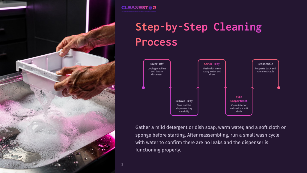 Step-By-Step Cleaning Process For A Dispenser: Power Off, Remove Tray, Scrub Tray With Warm Soapy Water, Rinse, Wipe Compartment, And Reassemble. Detailed Instructions For Cleaning A Dispenser.
