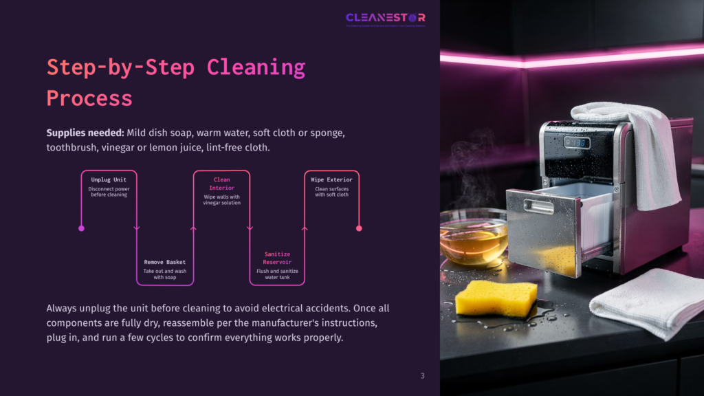 Step-By-Step Cleaning Process For A Cleanestor Device, With Instructions For Unplugging, Cleaning Interior And Exterior, And Sanitizing The Reservoir. The Image Shows The Device With Cleaning Supplies.
