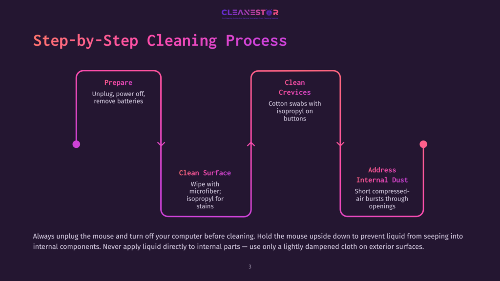 3 Step By Step Cleaning Process 88 Step-By-Step Cleaning Process For Electronics: Prepare (Unplug, Power Off, Remove Batteries), Clean Surface (Wipe With Microfiber), Clean Crevices (Cotton Swabs With Isopropyl Alcohol), And Address Internal Dust (Compressed Air). Includes Cleaning Tips.