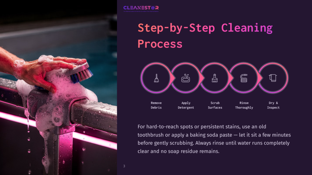 A Hand Scrubs A Foamy Railing With A Brush As Part Of A Step-By-Step Cleaning Process, Featuring Icons For Remove Debris, Apply Detergent, Scrub Surfaces, Rinse Thoroughly, And Dry And Inspect.
