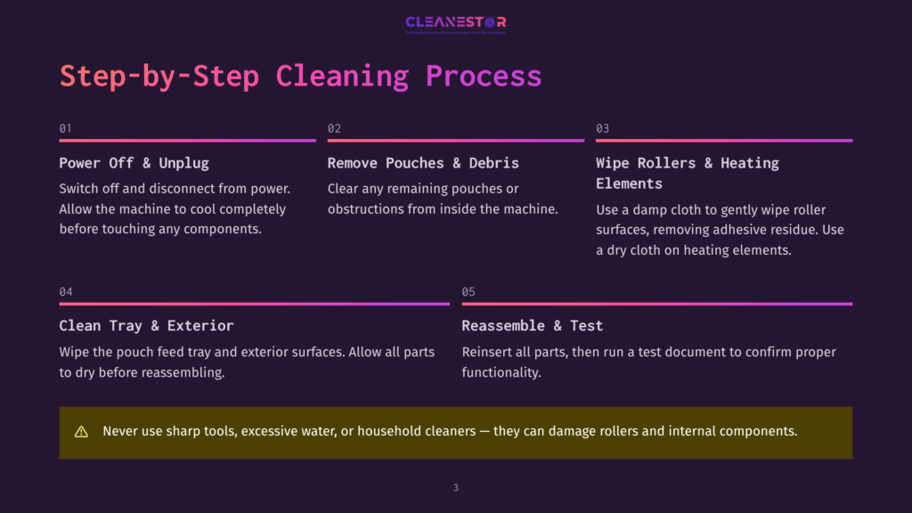 3 Step By Step Cleaning Process 94 Step-By-Step Cleaning Process Infographic Showing Steps To Power Off And Unplug, Remove Pouches And Debris, Wipe Rollers And Heating Elements, Clean Tray And Exterior, And Reassemble And Test. Each Step Provides A Brief Description And A Warning Not To Use Sharp Tools, Excessive Water, Or Household Cleaners.