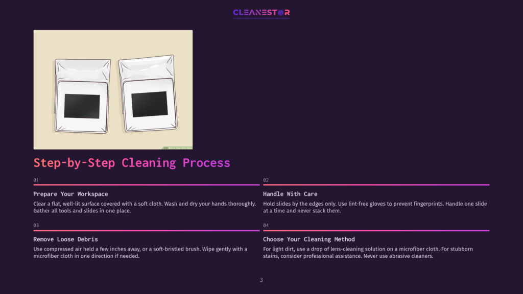 Two Transparent Plastic Bags Each Containing A Folded White Lens Cleaning Cloth. The Bags Are On A Dark Background, With A Title &Quot;Step-By-Step Cleaning Process&Quot; At The Top.