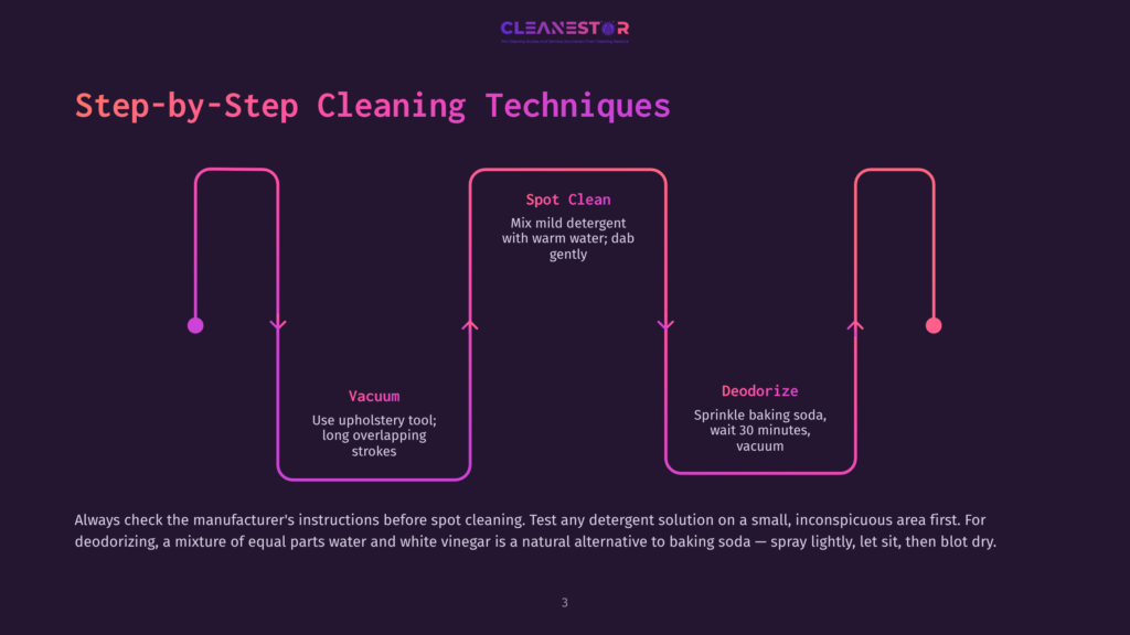 Infographic Detailing Step-By-Step Cleaning Techniques For Spot Cleaning And Deodorizing, With Icons And Text Explaining Vacuuming And Using Baking Soda.