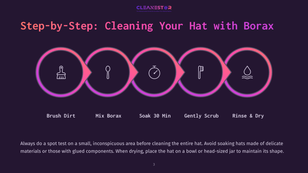 3 Step By Step Cleaning Your Hat With Borax Step-By-Step Guide To Cleaning Your Hat With Borax: Brush Dirt, Mix Borax, Soak 30 Min, Gently Scrub, Rinse &Amp; Dry. Includes Icons For Each Step.