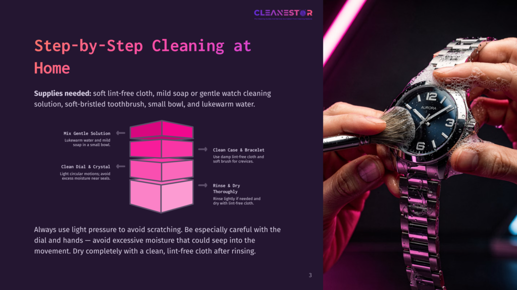 Close-Up Of A Hand Gently Brushing Soap Suds Off A Luxury Watch With A Soft Brush, Demonstrating Step-By-Step Watch Cleaning At Home.