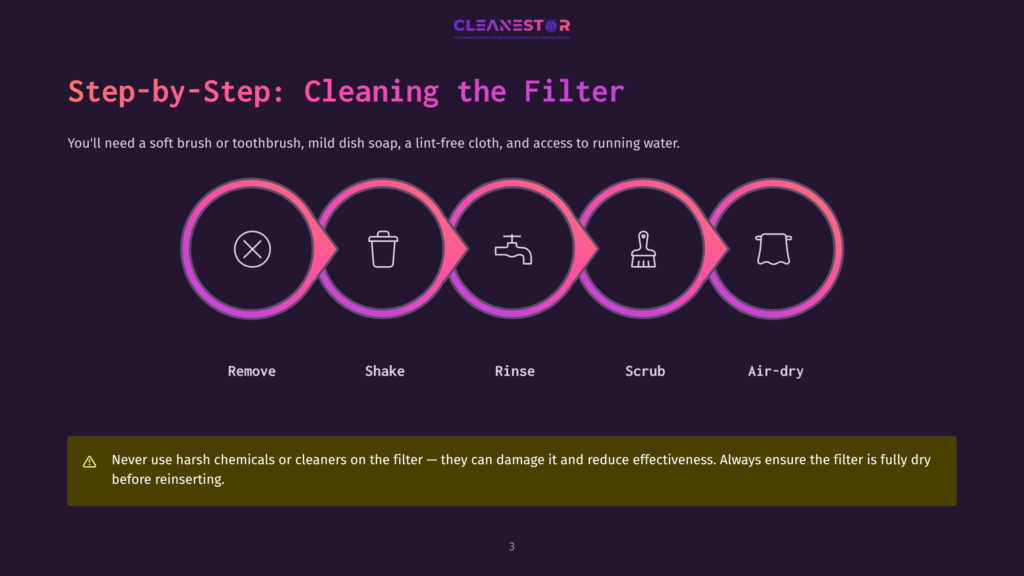 Step-By-Step Cleaning Process For A Filter. Icons For Removing, Shaking, Rinsing, Scrubbing, And Air-Drying Are Arranged In A Circle. A Caution Note Advises Against Using Harsh Chemicals On The Filter.