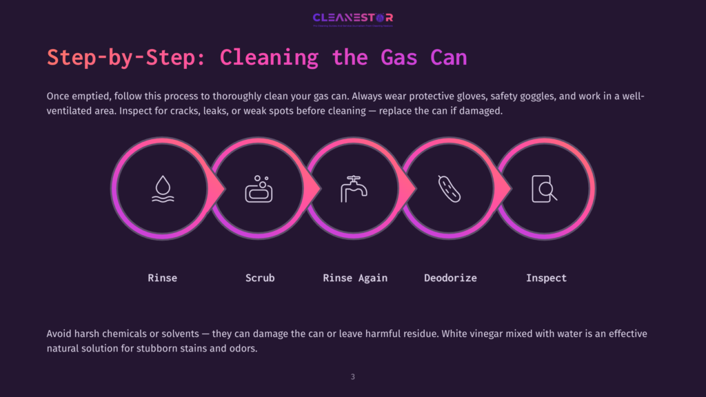 3 Step By Step Cleaning The Gas Can Step-By-Step Guide To Cleaning A Gas Can: Rinse, Scrub, Rinse Again, Deodorize, Inspect. The Graphic Shows Five Circular Icons Representing Each Step.