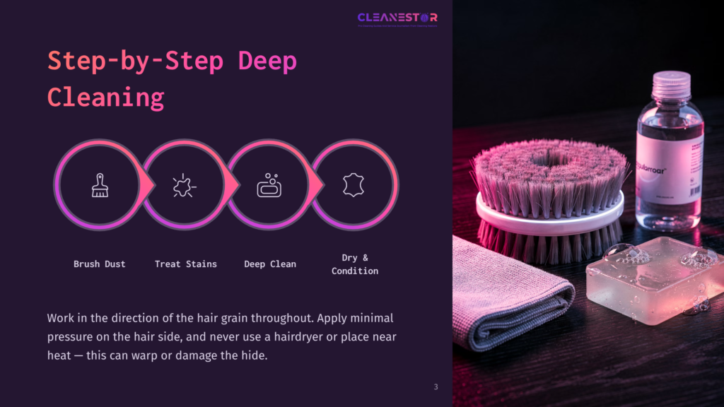 Step-By-Step Deep Cleaning Process Illustrated With Icons: Brush Dust, Treat Stains, Deep Clean, Dry &Amp; Condition. A Cleaning Brush, Microfiber Cloth, And Cleaning Solution Are Displayed On A Dark Surface.