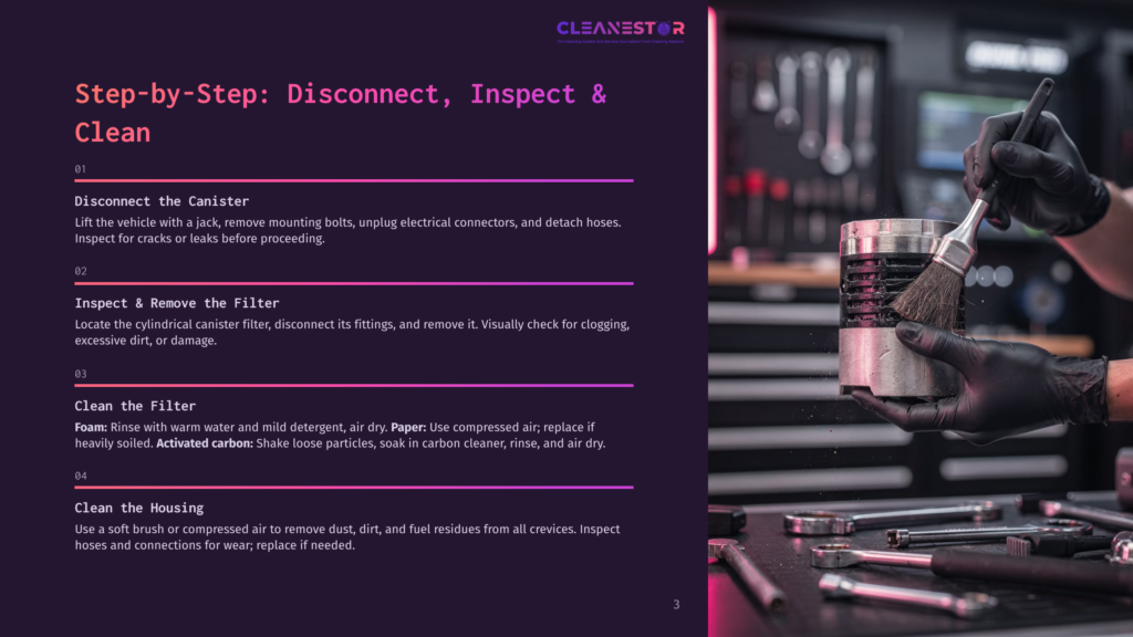 Close-Up Of Gloved Hands Using A Brush To Clean A Cylindrical Metal Canister, With Tools And A Workbench Visible In The Background. Text On The Left Side Of The Image Provides Instructions For Disconnecting, Inspecting, And Cleaning A Canister.