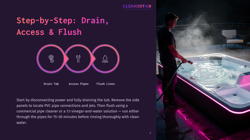 A Man Is Cleaning A Modern, Pink-Lit Hot Tub With A Hose, Standing On A Wet Floor. The Hot Tub Has A Sleek Design With A Side Panel Removed To Reveal Pvc Pipe Connections And Jets. A White Chair Sits Nearby On A Patio, And A Dark Background Suggests A Nighttime Setting.
