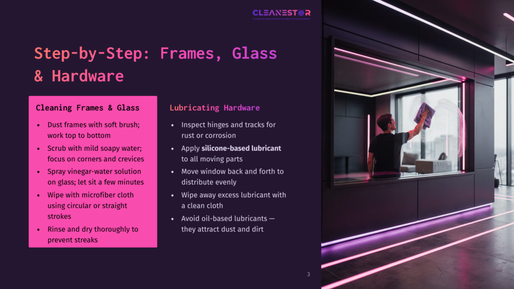 A Person Cleans A Large Glass Window With A Purple Cloth, Using A Squeegee. The Window Is Framed By Vibrant Pink And Blue Led Lights, Illuminating The Modern Interior Of A Room.