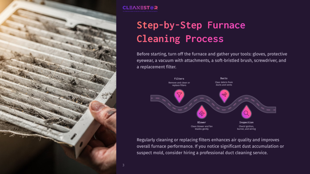 A Dirty Furnace Filter Is Held By A Hand, Showing Heavy Dust And Debris. The Image Also Displays Text About The &Quot;Step-By-Step Furnace Cleaning Process&Quot; With Icons Representing Filters And Ducts.