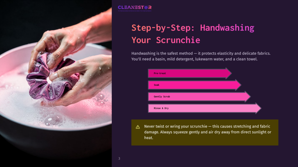 Close-Up Of Hands Gently Washing A Purple Scrunchie In A Bowl Of Soapy Water. Instructions For Handwashing Scrunchies Are Displayed On The Right.