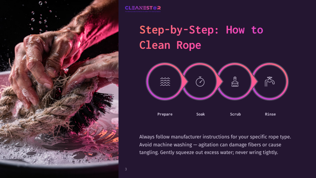 3 Step By Step How To Clean Rope Close-Up Of Hands Scrubbing A Thick, Natural Fiber Rope In Soapy Water, With A &Quot;Cleanestor&Quot; Logo And Step-By-Step Cleaning Icons For Preparing, Soaking, Scrubbing, And Rinsing A Rope.
