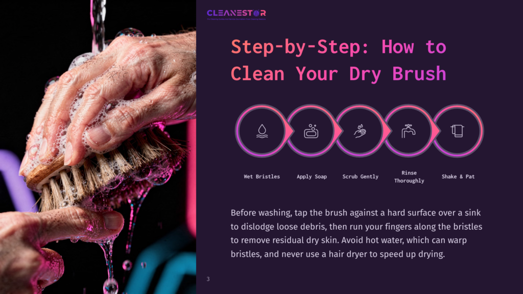 Step-By-Step Guide On How To Clean A Dry Brush: Wet Bristles, Apply Soap, Scrub Gently, Rinse Thoroughly, And Shake Dry. Instructions Also Advise Against Hot Water And Hair Dryers.