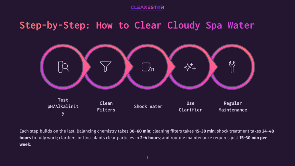 Step-By-Step Guide To Clearing Cloudy Spa Water: Test Ph/Alkalinity, Clean Filters, Shock Water, Use Clarifier, Regular Maintenance. Icons Represent Each Step.