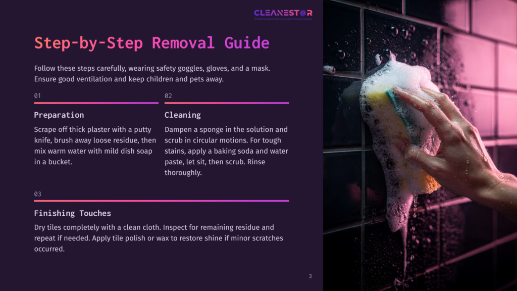 3 Step By Step Removal Guide A Hand With A Yellow Sponge Scrubs A Shiny Black Tile Wall Covered In White Soap Suds, Part Of A Step-By-Step Guide For Cleaning.