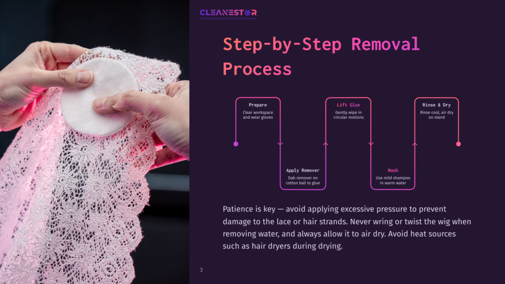 3 Step By Step Removal Process Close-Up Of Hands Holding Cotton Pads To Delicate White Lace, With A Step-By-Step Removal Process Graphic Overlay: Prepare, Apply Remover, Lift Glue, Wash, Rinse &Amp; Dry.