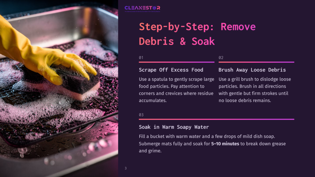 A Hand Wearing A Yellow Glove Holds A Sponge And Scrubs A Grill In A Sink Filled With Pink Liquid, Demonstrating A Step In A Cleaning Process.