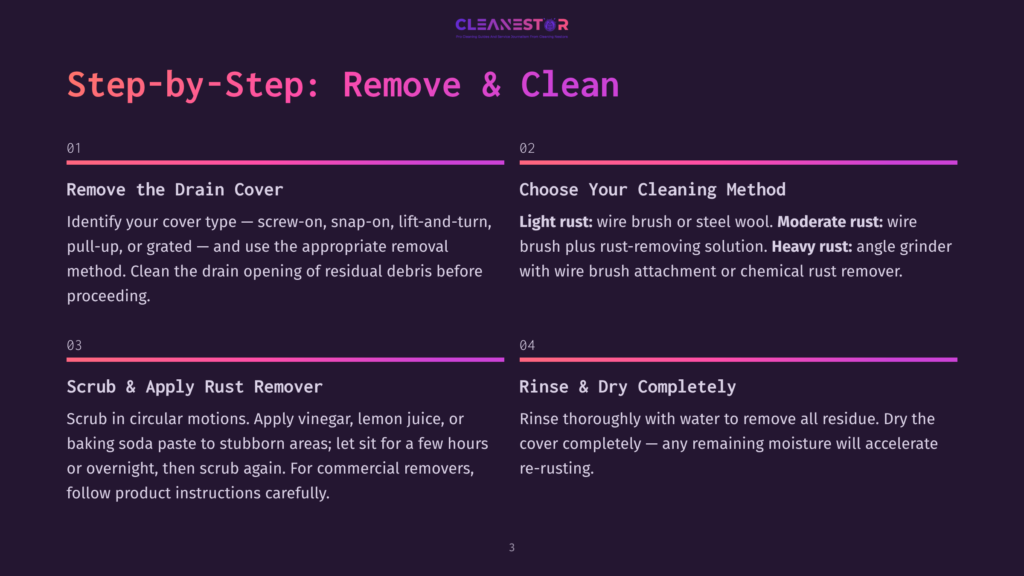 Step-By-Step Guide To Removing And Cleaning Rust From A Drain Cover, With Instructions For Identifying The Cover Type, Choosing A Cleaning Method (Light Vs. Heavy Rust), And Scrubbing And Rinsing.