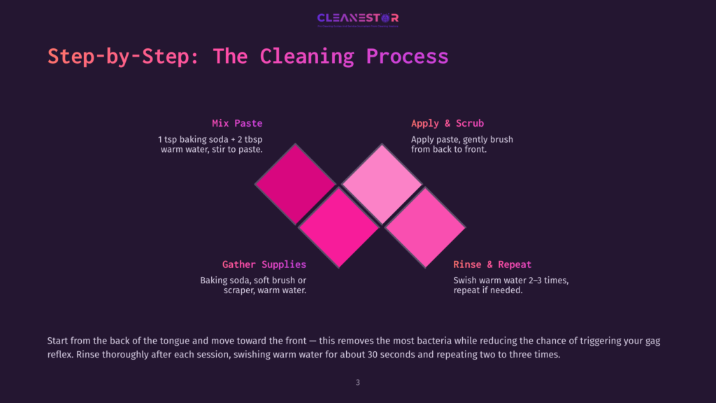 3 Step By Step The Cleaning Process 1 Step-By-Step Guide To Cleaning Your Tongue: Mix Baking Soda Paste, Apply &Amp; Scrub, Gather Supplies, Rinse &Amp; Repeat. Infographic With Pink Diamonds And Text.