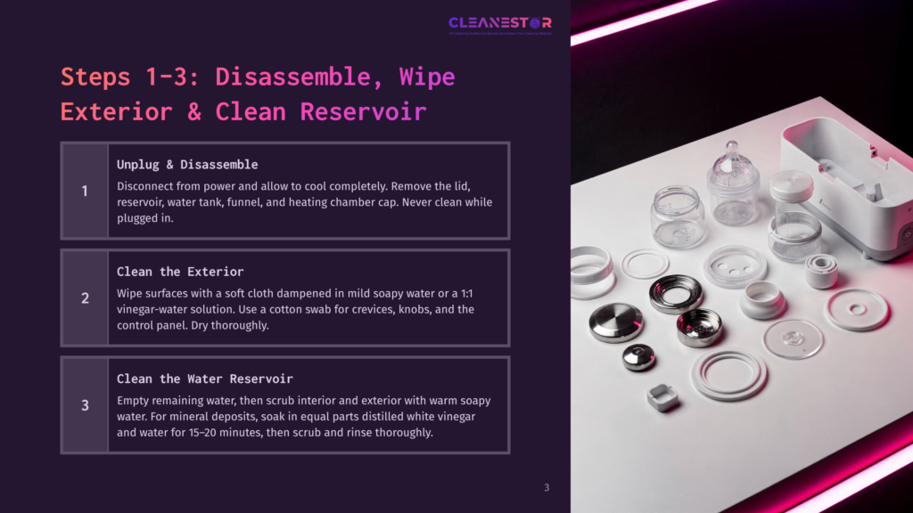 3 Steps 1 3 Disassemble Wipe Exterior And Clean Reservoir Cleanestor Logo Above Disassembled Parts Of A Coffee Maker On A Dark Surface With Neon Pink Lighting. Steps 1-3: Disassemble, Wipe Exterior &Amp; Clean Reservoir.