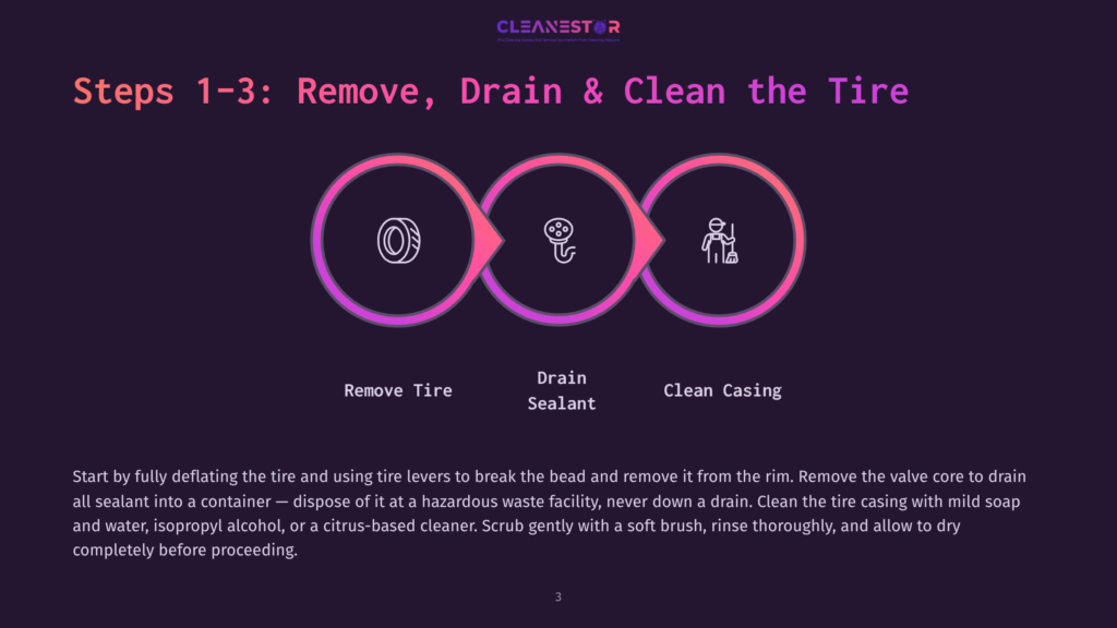 Infographic Illustrating Steps 1-3 For Cleaning A Tire: Remove Tire, Drain Sealant, And Clean Casing, With Icons Representing Each Step And Text Descriptions Below.