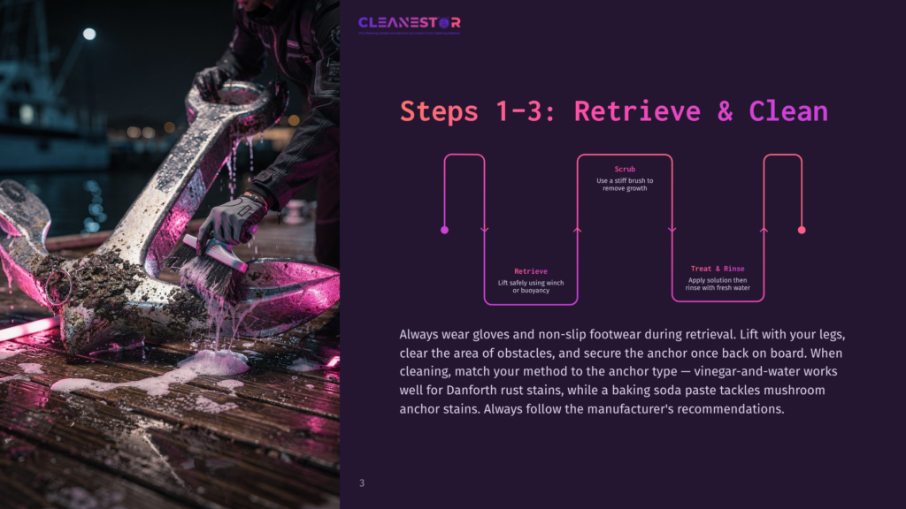 Steps 1-3: Retrieve &Amp; Clean - A Person Cleans A Large, Weathered Anchor With A Brush And Foamy Water, Showing The Process Of Anchor Retrieval And Cleaning.