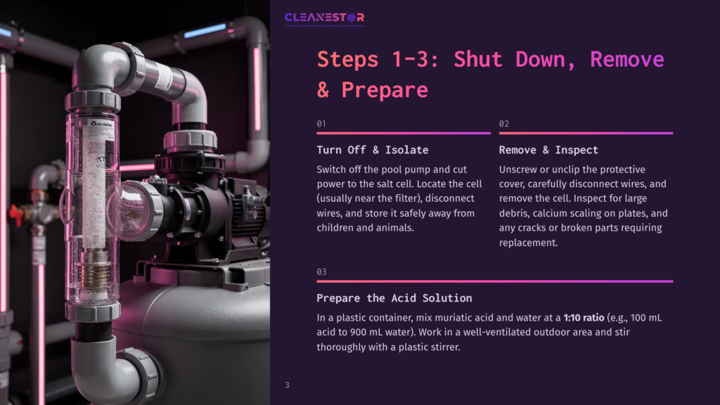 Close-Up Of A Salt Cell Filter With White Salt Crystals Inside A Clear Plastic Casing, Connected To Plumbing Pipes. Text Reads &Quot;Cleanestor Steps 1-3: Shut Down, Remove &Amp; Prepare&Quot;.