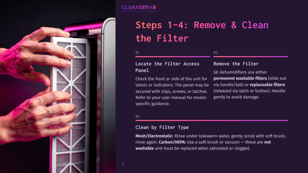 Close-Up Of Hands Removing A Thick, White Pleated Air Filter From A Silver And Black Cleanestor Dehumidifier, With Purple Text Overlay Detailing Cleaning Instructions.